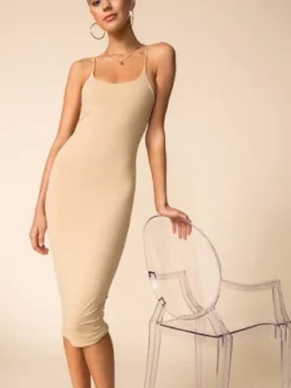 Free People Beige Spaghetti-Strap Midi Dress